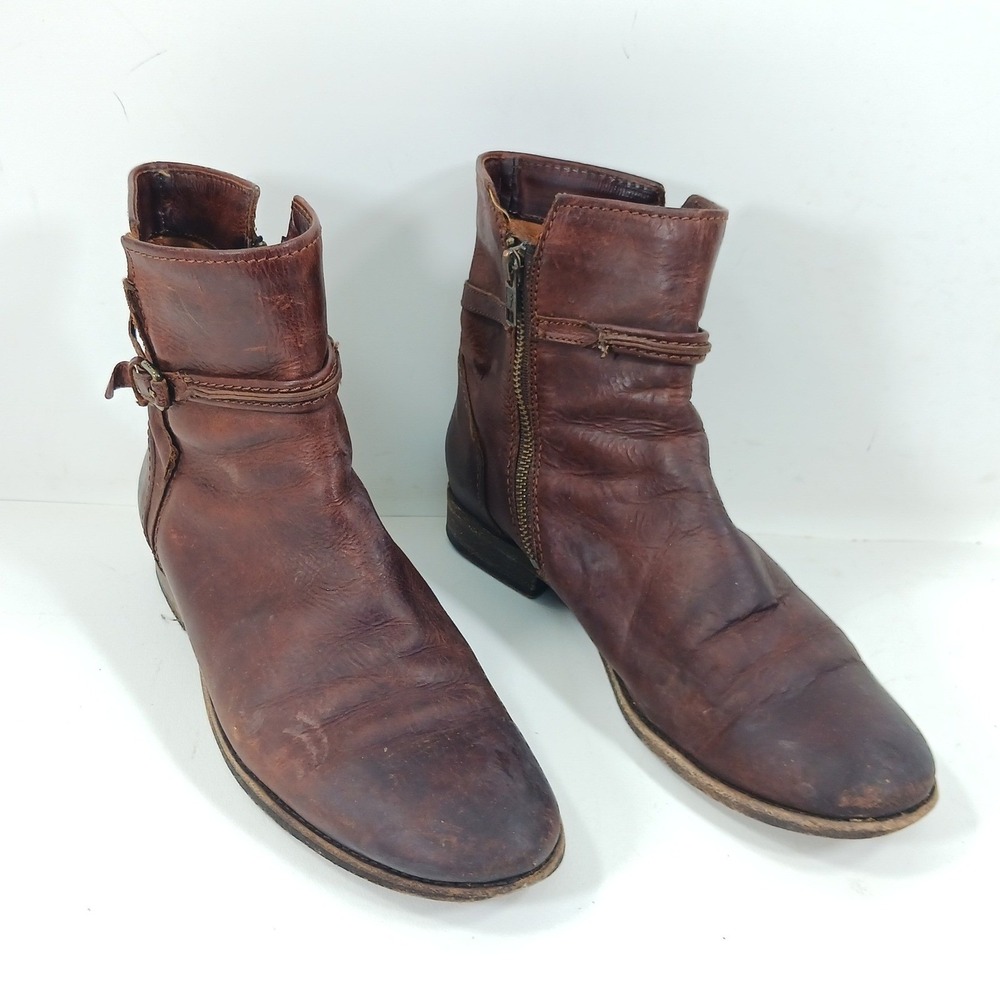 Frye Phillip Harness Brown Leather Ankle Boots Side Zip Buckle Cognac